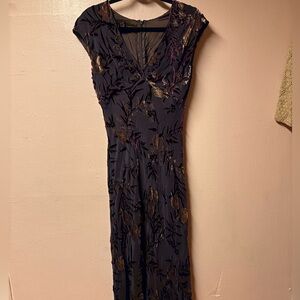 Whimsigoth Jones New York Navy Maxi Dress with Velvet Floral Accents